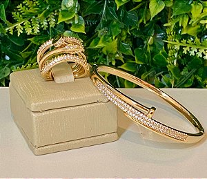 CONJUNTO DOURADO BRACELETE E ANEL REGULÁVEL PREGO E COBRA CRAVEJADOS