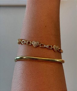 BRACELETE DOURADO CORAÇÃO COM ELO CRAVEJADO