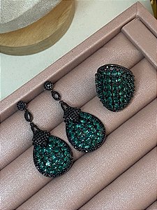 CONJUNTO RÓDIO NEGRO COM PEDRA VERDE