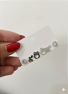 BRINCO PRATEADO TRIO CORUJA, ZIRCÔNIA E COBRA AÇO INOX