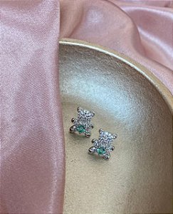 Brinco Prateado Urso Pedra Verde