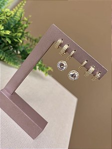 Trio argolinhas com ponto de luz ouro