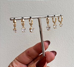TRIO DE BRINCOS ARGOLINHAS CLIC CORAÇÃO ZIRCONIAS OURO