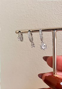 Brinco trio com pontos de luz rodio