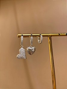 TRIO DE ARGOLINHAS CLIC CORAÇÕES PRATA