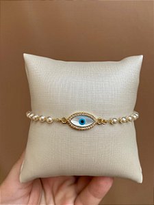 PULSEIRA OLHO GREGO MADREPÉROLA COM PÉROLAS