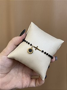PULSEIRA AÇO INOX PEDRAS COM CRUCIFIXO