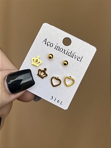TRIO DE BRINCOS PINO CORAÇÃO COROA DOURADO