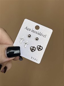 TRIO DE BRINCOS PINO CORAÇÃO JESUS SILVER