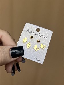 TRIO DE BRINCOS PINO BORBOLETA E MÃO DE FÁTIMA DOURADO