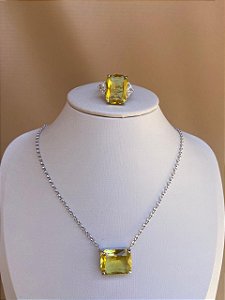 CONJUNTO QUAD CITRINO COLAR E ANEL PRATA 925
