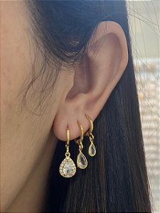 BRINCO TRIO ARGOLAS CLICK PINGENTE GOTA CRAV NO CRISTAL