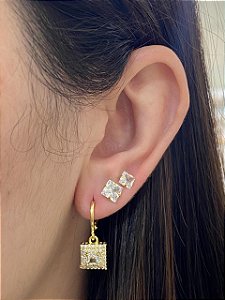 BRINCO TRIO PONTO DE LUZ QUADRADO ARGOLA CRAVEJADO