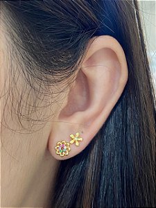 BRINCO DUO FLORZINHAS CRAV COLORS E VAZADA