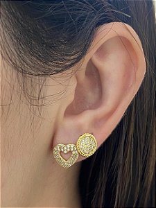 BRINCO DUO REDONDO PAVÊ E CORAÇÃO VAZADO CRAV ZIRCÔNIA