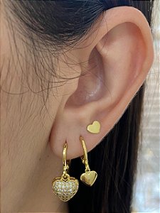 BRINCO TRIO ARGOLA PING CORAÇÃO CRAVEJADO E LISO