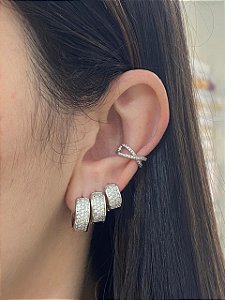 BRINCO TRIO CLICK ARGOLA CRAVEJADA CRISTAL RODIO