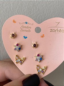 BRINCO TRIO BORBOLETA E FLOR CRAV COLORS