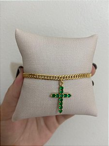 PULSEIRA ELO GRUMET PING DE CRUZ ZIRCONIA ESMERALDA