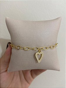 PULSEIRA ELO PORTUGUES PING CORAÇÃO VAZADO CRAVEJADO