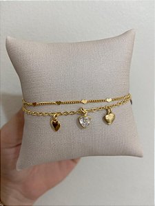 TORNOZELEIRA DUPLA CORAÇÃO LISO E NO CRISTAL