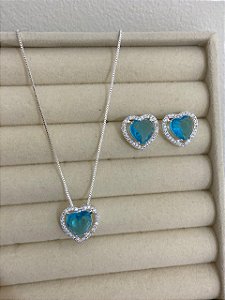 CONJUNTO PRATEADO ZIRCÔNIA CRAV CORAÇÃO AZUL CLARA