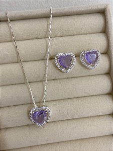 CONJUNTO PRATEADO ZIRCÔNIA CRAV CORAÇÃO LILAS