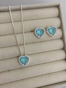 CONJUNTO PRATEADO ZIRCÔNIA CRAV CORAÇÃO AZUL CELESTIAL LEITOSO