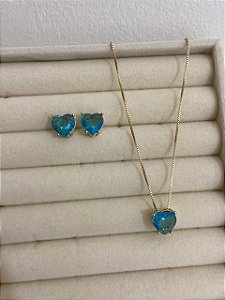 CONJUNTO DOURADO ZIRCÔNIA CORAÇÃO AZUL TURQUESA