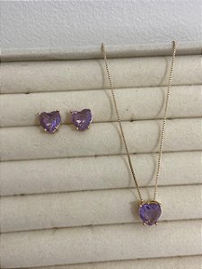 CONJUNTO DOURADO ZIRCÔNIA CORAÇÃO LILAS