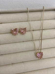 CONJUNTO DOURADO ZIRCÔNIA CORAÇÃO ROSA BEBÊ