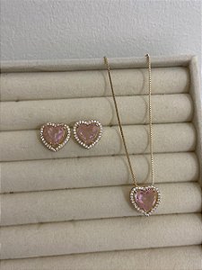 CONJUNTO DOURADO ZIRCÔNIA CRAV CORAÇÃO ROSA BEBE