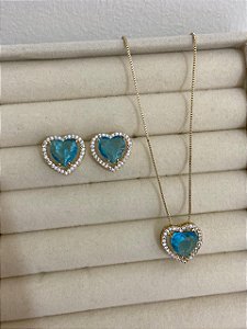 CONJUNTO DOURADO ZIRCÔNIA CRAV CORAÇÃO AZUL TIFFANY