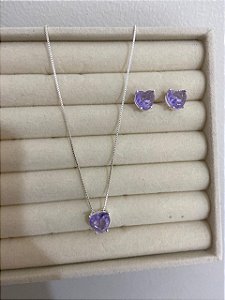 CONJUNTO PRATA CORAÇÃO ZIRCÔNIA LILAS