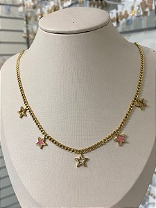 COLAR AÇO DOURADO ESTRELA VAZADA ROSA