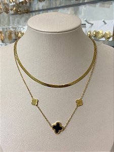 COLAR AÇO DUPLO FITA TREVO MADREPEROLA PRETO