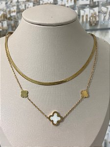 COLAR AÇO DUPLO FITA TREVO MADREPEROLA