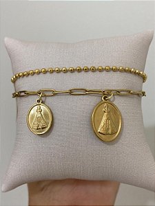 PULSEIRA DUPLA CARTIE E BOLINHAS PIN NOSSA SENHORA