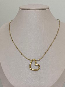 COLAR CORRENTE BOLINHA PIN CORAÇÃO VAZADO AÇO DOURADO