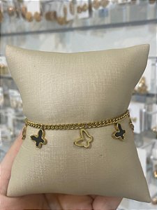 PULSEIRA AÇO ELOS PIN BORBOLETA VAZADAS E PRETA