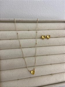 CONJUNTO DOURADO PONTO DE LUZ EM ZIRCÔNIA CITRINO CORAÇÃO