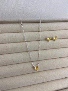 CONJUNTO PONTO DE LUZ EM ZIRCÔNIA CITRINO CORAÇÃO PRATA