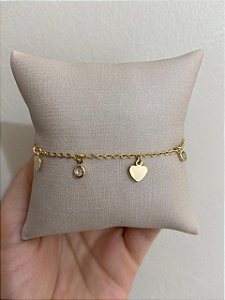 PULSEIRA DOURADA PONTO DE LUZ E CHAPA DE CORAÇÃO LISO