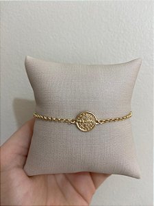 PULSEIRA DOURADA MINI ELO PORTUGUES MEDALHA SÃO BENTO DUPLA FACE