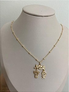COLAR DOURADO DE BOLINHA E PIN MÃE DE 2 CASAL