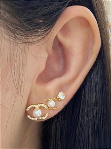 BRINCO TRIO INSPIRAÇÃO CHANEL COM PEROLA PINO DE AÇO