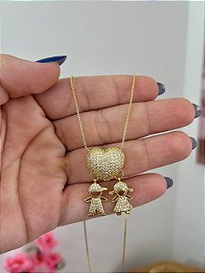 COLAR CORAÇÃO CRAVEJADO COM PINGENTE FILHOS CASAL