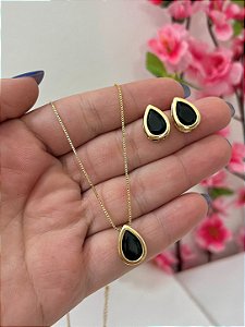 CONJUNTO GOTA PEDRA NEGRA DOURADO