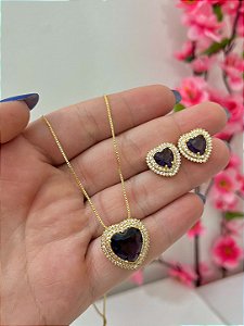CONJUNTO CORAÇÃO CRAVEJADO LILAS AMETHISTA