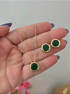 CONJUNTO REDONDO PEDRA ESMERALDA DOURADO